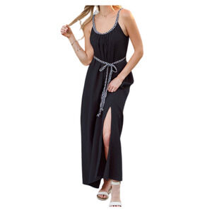 Ninexis Sz 1X Braided Trim Black Maxi Waist Tie Light Effortless Dress Side Slip